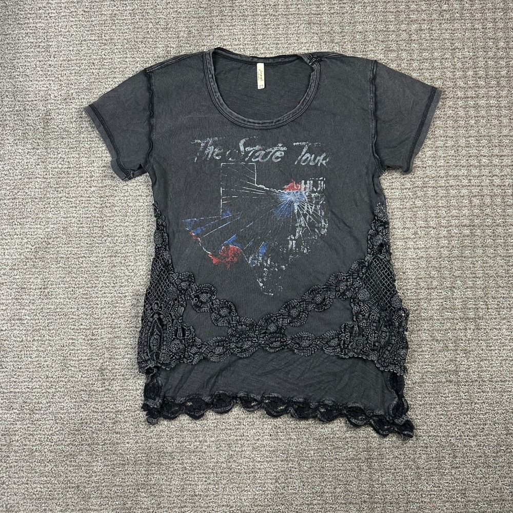 Free People The State Tour Texas Graphic Tee Crochet Lace Trim Grey XS